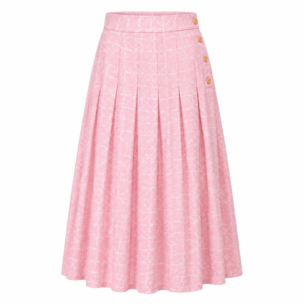 Vintage Haberdasher Pink White Geometric Pleated Midi Skirt Side Button Sz 11/12